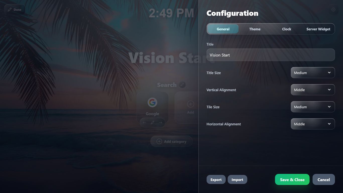 Vision Start liquid glass configuration